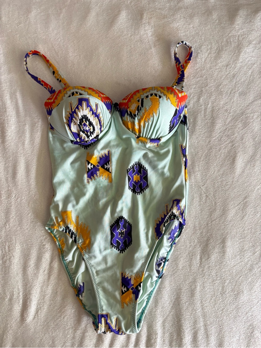 Vintage‎ retro Gottex blue green One-Piece Swimsuit tribal balconette 10